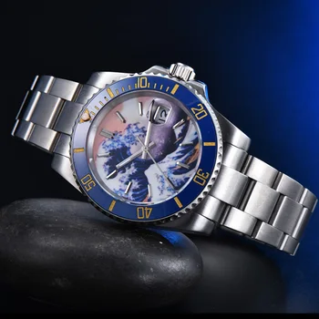 Kanagawa Aseptinis Mėlyna Paviršiaus Vyrų Automatinis Mechaninis laikrodis Žiūrėti Nerūdijančio Plieno Mėlyna Keramikos Žiedas