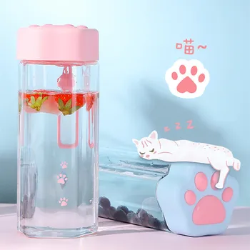Naujas Lovely Cat Leteną Vandens Butelį Skaidraus Plastiko Pieno Gėrimo Taurės BPA Free Nešiojamų Stabdžių Rudenį Puodeliai Su Rankena
