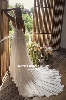 Booma Boho Šifono Vestuvių Suknelės Spagečiai Dirželiai Aukštos Ritininės Paplūdimio Nuotakos Suknelės Atvira Nugara Plisuotos-Line Vestuvių Suknelės