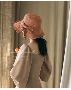 Rafija Lankas Saulės Skrybėlę Platus Kraštų Minkštas Kaulų Vasaros off balta Panama kepurė Paplūdimio Dome Moterų Kibiro Kepurę