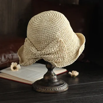 Rafija Lankas Saulės Skrybėlę Platus Kraštų Minkštas Kaulų Vasaros off balta Panama kepurė Paplūdimio Dome Moterų Kibiro Kepurę
