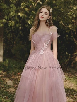 Eightree Rožinė Ilga Linija Ilgą Vakarinę Suknelę Aplikacijos Tiulio Pakopų Oficialią Suknelės Nėriniai Brangioji Grindų Ilgis Suknelės, Šaliai