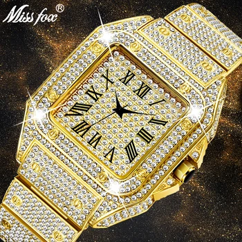 Vyriški Kvadratinių Žiūrėti Prabangių Laikrodžių Dizainas Unikalus Aukso Vyrų Kvarcinis Laikrodis Bling Bling Diamond Laikrodis Dropshipping