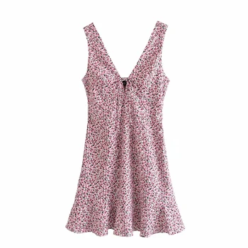 LVWOMN Za Moterys, Pink Gėlių Spausdinti Dirželis Suknelė 2021 Mini Bakas Suknelė Moteris Berankovis Vasaros Atsitiktinis Cottagecore Pynimas Suknelės
