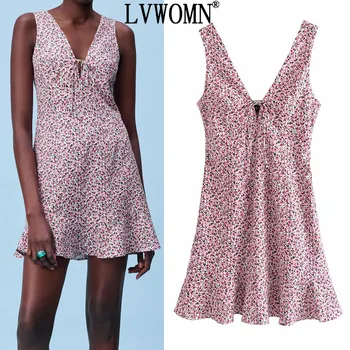 LVWOMN Za Moterys, Pink Gėlių Spausdinti Dirželis Suknelė 2021 Mini Bakas Suknelė Moteris Berankovis Vasaros Atsitiktinis Cottagecore Pynimas Suknelės