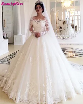 Elegantiškas Kamuolys Suknelė Princesė Vestuvių Suknelė Ilgomis Rankovėmis Tiulio Nėrinių Aplikacijos Ilgai Traukinio Vestuvių Suknelės 2020 Užsakymą