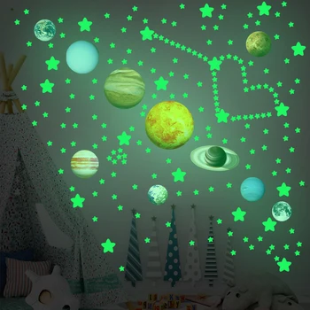 120Pcs Švyti Tamsoje Žvaigždžių ir Planetų Ryškios Saulės Sistemos Sienų Lipdukai Reklaminiai Lipdukai Vaikams, Miegamojo Kalėdų Dovanos