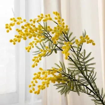 83CM Pliušinis Australijos Akacija Geltona Mimoza Purškimo Vyšnių Dirbtinis Vestuvių Gėlių Šalies Atveju Dekoruoti Ryškios Gėlių