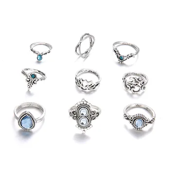 Pakuotėje 9 asmenybė derliaus karka žiedai su lotus ir apdaila kalnų krištolas akrilo perlas dizaino burnished