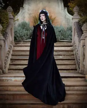 Black Unisex Halloween kostiumai Aksomo Gobtuvu Apsiaustu su Gaubtu Vampyras Kailio Skraiste