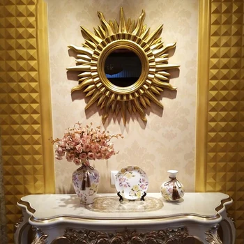 Šiuolaikinės Dervos Golden Sun Formos Dekoratyvinis Veidrodis Sienos Kabo Dekoro Namų Svetainės Sofa Fone Viešbutis Sienos Freskos Amatai