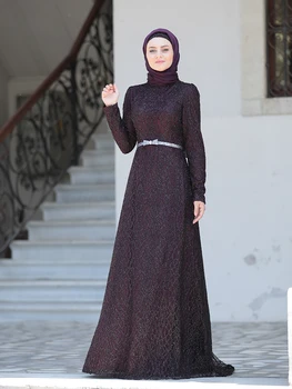Naujojo Sezono Moterų Nėriniai, Kuriems Hijab vakarinę Suknelę Diržu Išsamios Elegantiškas Blizga Pamušalu Abaja Tailed Modelio Aukštos Kokybės, Pagaminti iš Turku