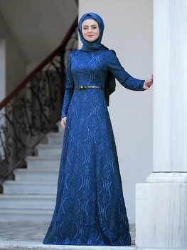Naujojo Sezono Moterų Nėriniai, Kuriems Hijab vakarinę Suknelę Diržu Išsamios Elegantiškas Blizga Pamušalu Abaja Tailed Modelio Aukštos Kokybės, Pagaminti iš Turku