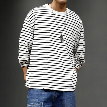 2021 M. Pavasarį Harajuku Atsitiktinis Dryžuota Palaidinukė Streetwear Ilgomis Rankovėmis Japonijos Mados T-Shirt Funko Pop-Top Hip-Hop Megztinis