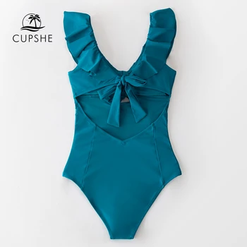 CUPSHE V-kaklo Išpjovą Susiėmę vientisas maudymosi kostiumėlis Moterims Sexy Nėrinių Atgal Kietosios Žalsvai Monokini 2021 Paplūdimio Maudymosi Kostiumą, maudymosi Kostiumėliai,