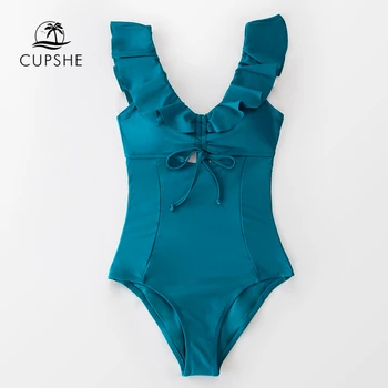 CUPSHE V-kaklo Išpjovą Susiėmę vientisas maudymosi kostiumėlis Moterims Sexy Nėrinių Atgal Kietosios Žalsvai Monokini 2021 Paplūdimio Maudymosi Kostiumą, maudymosi Kostiumėliai,