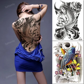 Pilnas atgal tatuiruotės žuvų drakonas dizaino didelis Didelis laikinos tatuiruotės moterys vyrų kūno tatto lipdukai juoda netikrą seksualus šalies decal