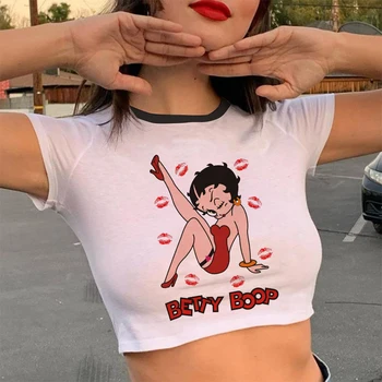 Naujas 2021 m. Vasarą Seksualus Moterų Top Slim Kawaii Betty BOOP Spausdinti Atsitiktinis marškinėliai trumpomis Rankovėmis O-kaklo Kūdikių Tee Y2k Pasėlių Top Vest