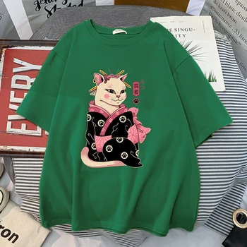 Ukiyoe Japonų Geiša Katė Spaudinių Marškinėliai Moteriški Animacinių Filmų Patogus Tee Retro Aukštos Kokybės Marškinėlius 