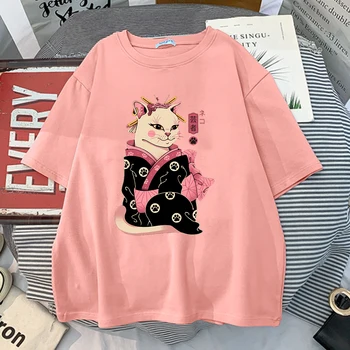 Ukiyoe Japonų Geiša Katė Spaudinių Marškinėliai Moteriški Animacinių Filmų Patogus Tee Retro Aukštos Kokybės Marškinėlius 