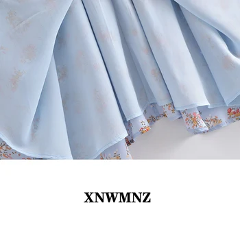 XNWMNZ Derliaus Centras Tvarstis Kaklaraištis Midi Moterų Suknelė 2021 Gėlių Spausdinti Mėlynos spalvos Šifono Vestidos Retro Tank Vasaros Suknelės Padalinta Skraiste