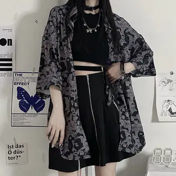 HOUZHOU Gothic Black Marškinėliai Vasaros Harajuku Negabaritinių trumpomis Rankovėmis Megztinis Anime Hipis Drabužius korėjos Mados Palaidinės Moterims