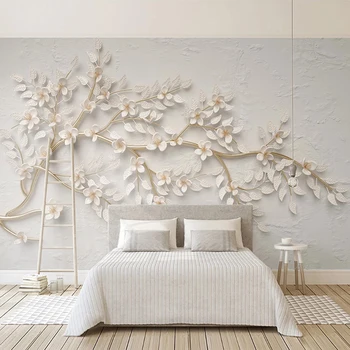 Pasirinktinius Nuotraukų Sienų Tapetai Modernus Aukso Medžio Šakos Baltos Gėlės 3D Iškilumo Miegamojo Kambarį, TV Foną, Sienų Freskomis