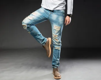 Džinsinio audinio Kelnės Aukštos Kokybės Tiesūs džinsai Išplautą Kankina skylių mygtuką, Šviesiai mėlynos spalvos, slim fit džinsus Streetwear Vyrų Kaubojus Kelnes pardavimas