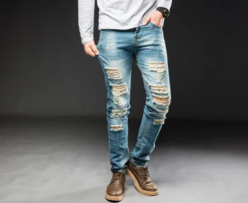 Džinsinio audinio Kelnės Aukštos Kokybės Tiesūs džinsai Išplautą Kankina skylių mygtuką, Šviesiai mėlynos spalvos, slim fit džinsus Streetwear Vyrų Kaubojus Kelnes pardavimas