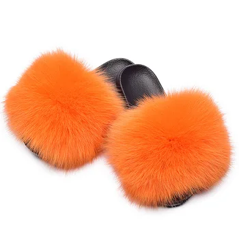 Furry Nekilnojamojo Fox Fur Šlepetės Pūkuotas Mielas Flip Flops Dizaineris Pliušinis Meškėnas Kailių namų Plokšti Laikikliai, skirti Moterų Vasaros Sandalai, Batai