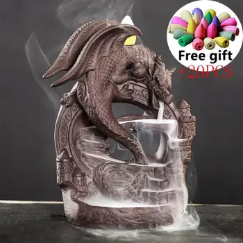 20Cones Kinų Drakonas Smilkalų Degiklis Keramikos Krioklys LED Šviesos Smilkalai Kūginiai Turėtojas Aromatas Censer Su Akrilo Vėjo Padengti