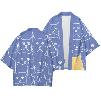 Vyrų Mados Kimono Marškiniai Ir Kelnės Kombinezonas Streetwear Mėlyna Spausdinimo Japonų Kimono Haori Yukata Cosplay Cardigan Paltai