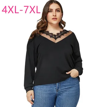 2021 metų moteris naują pavasario rudens plius dydis viršūnes moterims, didelis, ilgomis rankovėmis prarasti atsitiktinis nėriniai juoda V kaklo T-shirt 4XL 5XL 6XL 7XL