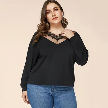 2021 metų moteris naują pavasario rudens plius dydis viršūnes moterims, didelis, ilgomis rankovėmis prarasti atsitiktinis nėriniai juoda V kaklo T-shirt 4XL 5XL 6XL 7XL