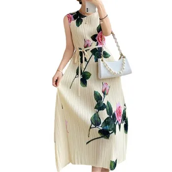 Miyake plisuotos spausdinti suknelė moteriška vasaros prarasti plius dydis mados ir patogiai rankovių nėriniai-up vest žibintų suknelė moterims