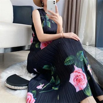 Miyake plisuotos spausdinti suknelė moteriška vasaros prarasti plius dydis mados ir patogiai rankovių nėriniai-up vest žibintų suknelė moterims