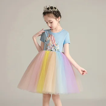 Vaikų vasaros trumpomis rankovėmis vaivorykštė tinklelio suknelė Princesė Gimtadienio šeimai šalis šventė Vienaragis Princesė Dress spausdinti