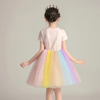 Vaikų vasaros trumpomis rankovėmis vaivorykštė tinklelio suknelė Princesė Gimtadienio šeimai šalis šventė Vienaragis Princesė Dress spausdinti
