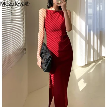 Mozuleva 2021 m. Vasarą-Line Raudona Suknelė be Rankovių Moterims, Elegantiškas Ruffles Off Peties Sexy Ilgas Sukneles Moterų-line Vestidos