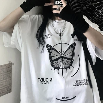 Moterų nauja vasaros korėjos versija ins vėjo drugelis spausdinti dark punk penkių taškų rankovės viršuje prarasti trumparankoviai marškinėliai