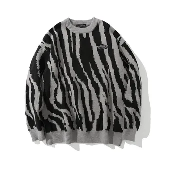 Zebra Megztinis Vyrams Streetwear Harajuku Hip-Hop Puloveris O-kaklo Atsitiktinis Negabaritinių Japonų Pora Vintage Megztiniai Pavasarį Rudenį