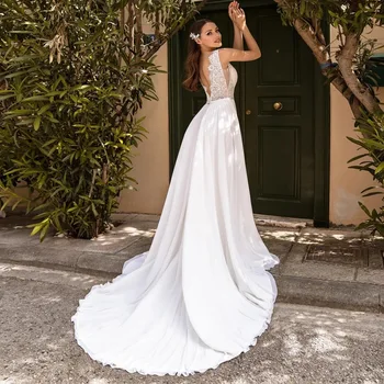 A-Line Šifono Vestuvių Suknelės Su Žaliuoju 2021 Vien Nėrinių Iškirpte Appliques Klostyti Valymo Traukinio Backless Civilinės Nuotakos Suknelė Diržas