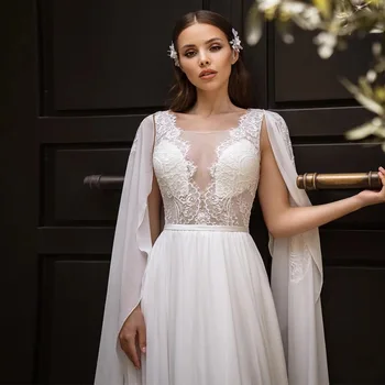 A-Line Šifono Vestuvių Suknelės Su Žaliuoju 2021 Vien Nėrinių Iškirpte Appliques Klostyti Valymo Traukinio Backless Civilinės Nuotakos Suknelė Diržas