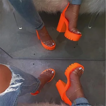 Vasaros Oranžinė PVC Želė Sandalai Atidaryti Tne Storio Aukštakulnius Moterys Batai Platformos Skaidrus Sandalai Moterims Plius 37-41 Dydis