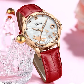Unikalus Elegantiškas Ponios Laikrodžiai Rose Gold Raudonas Dirželis Atsitiktinis Verslo Moterų Kvarcinis Laikrodis Top Brand CHENXI kalnų krištolas Kalendorius