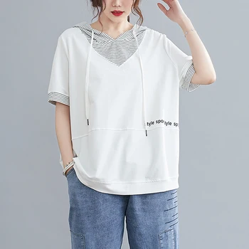 Moterų Marškinėliai Su Gobtuvu Korėjos Stiliaus Atsitiktinis Mados Elegantiškas Kratinys Trumpas Rankovės Prarasti Negabaritinių Dryžuotas Spausdinimo Laišką Tees Viršų