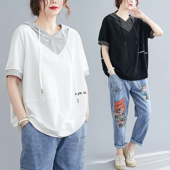 Moterų Marškinėliai Su Gobtuvu Korėjos Stiliaus Atsitiktinis Mados Elegantiškas Kratinys Trumpas Rankovės Prarasti Negabaritinių Dryžuotas Spausdinimo Laišką Tees Viršų