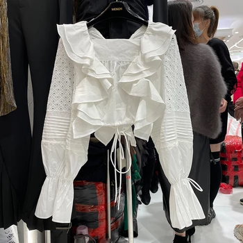 Japonų Stiliaus Šviežių Studentų Prašmatnus Marškinėliai Moteriška 2021 M. Rudenį Naujų Susiėmę Nėrinių Trumpas Seksualus Backless Viršūnes Mados Paprasta Balta Palaidinė
