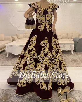 Tradicinis Alžyras Caftan Vakarinę Suknelę Aukso Nėrinių Off Peties Kamuolys Suknelė Aksominė Maroko Caftan Šalis Suknelė