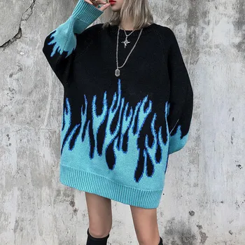 2021 naujas megztinis moterų hip-hop stiliaus liepsna žakardo moterų megztinis traf pora megztinis mezgimo viršuje laisvi vyrai džemperis